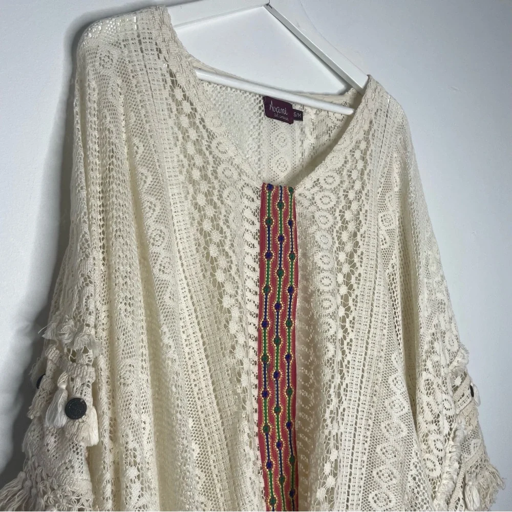 Avani Del Amour pullover Boho 100% Cotton crochet hippie Fringe poncho Size S/M - Picture 7 of 15
